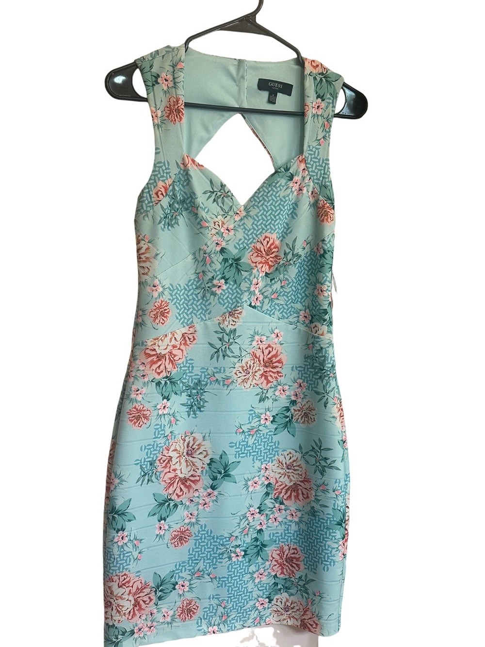 Guess Mint Floral Cutout Sheath Dress with Pink Blooms
